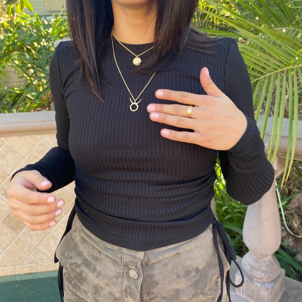 Black Ribbed Long Sleeve Side Tie Top